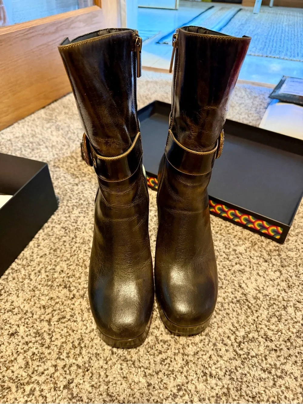 Kurt Geiger Brown Leather Platform Boots with Gold Buckle Accent
